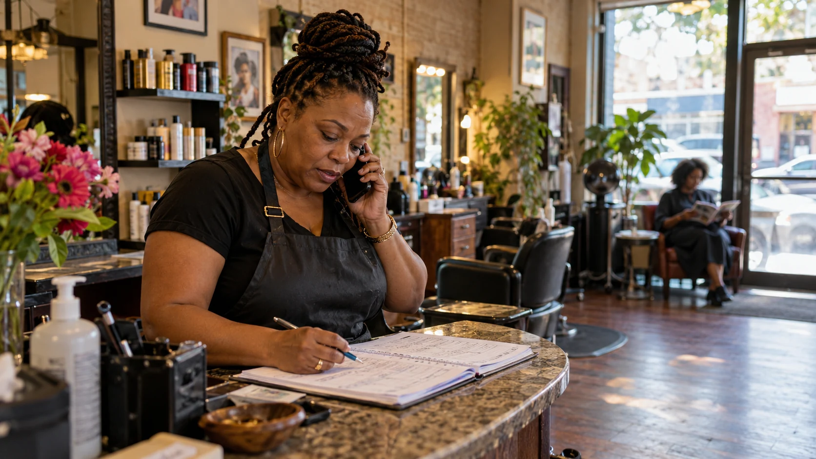 Salon owner testing the booking experience by phone at the front desk