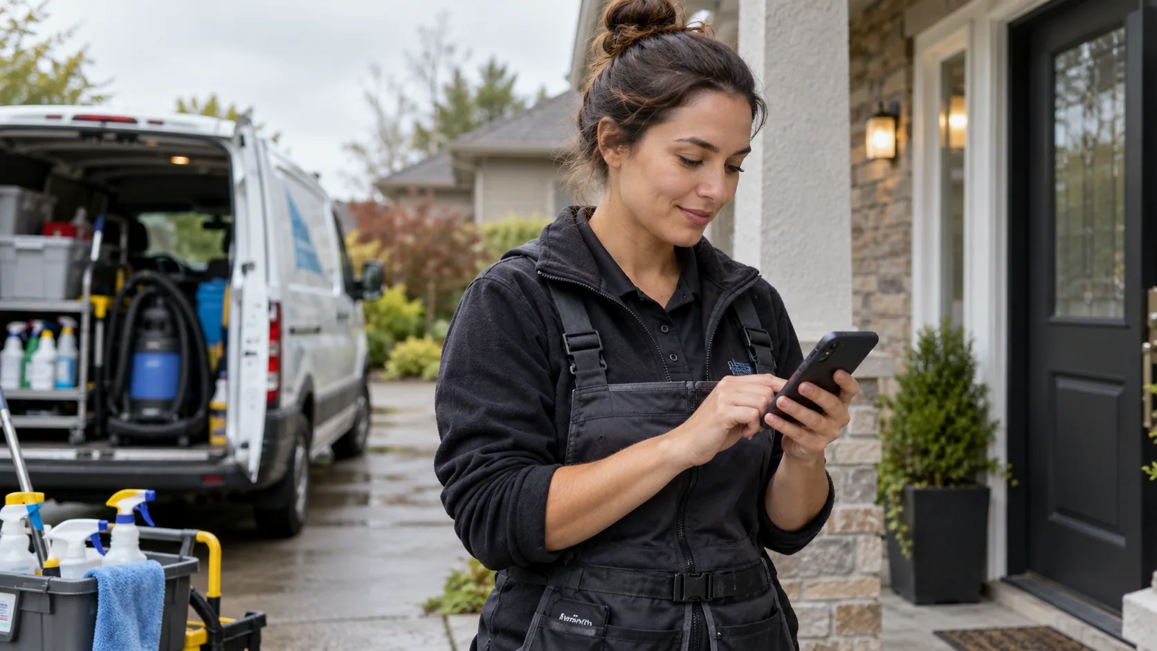 Cleaning business owner checking a phone beside a service van outside a customer home