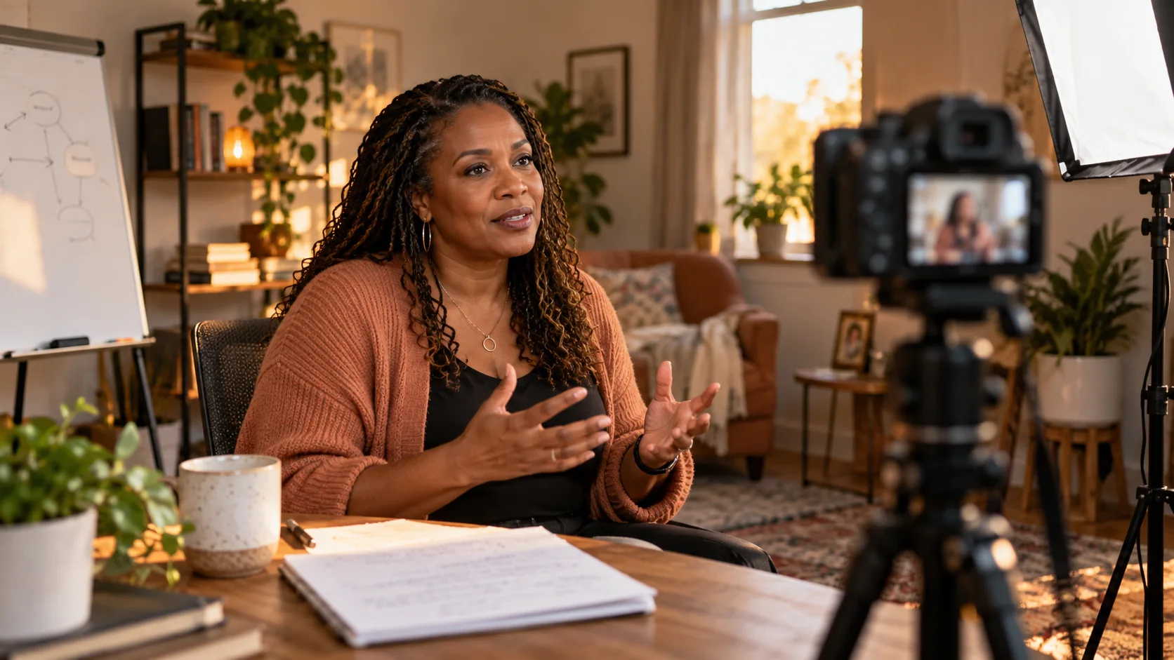 Coach recording a video sales letter in a home studio with a camera and notes