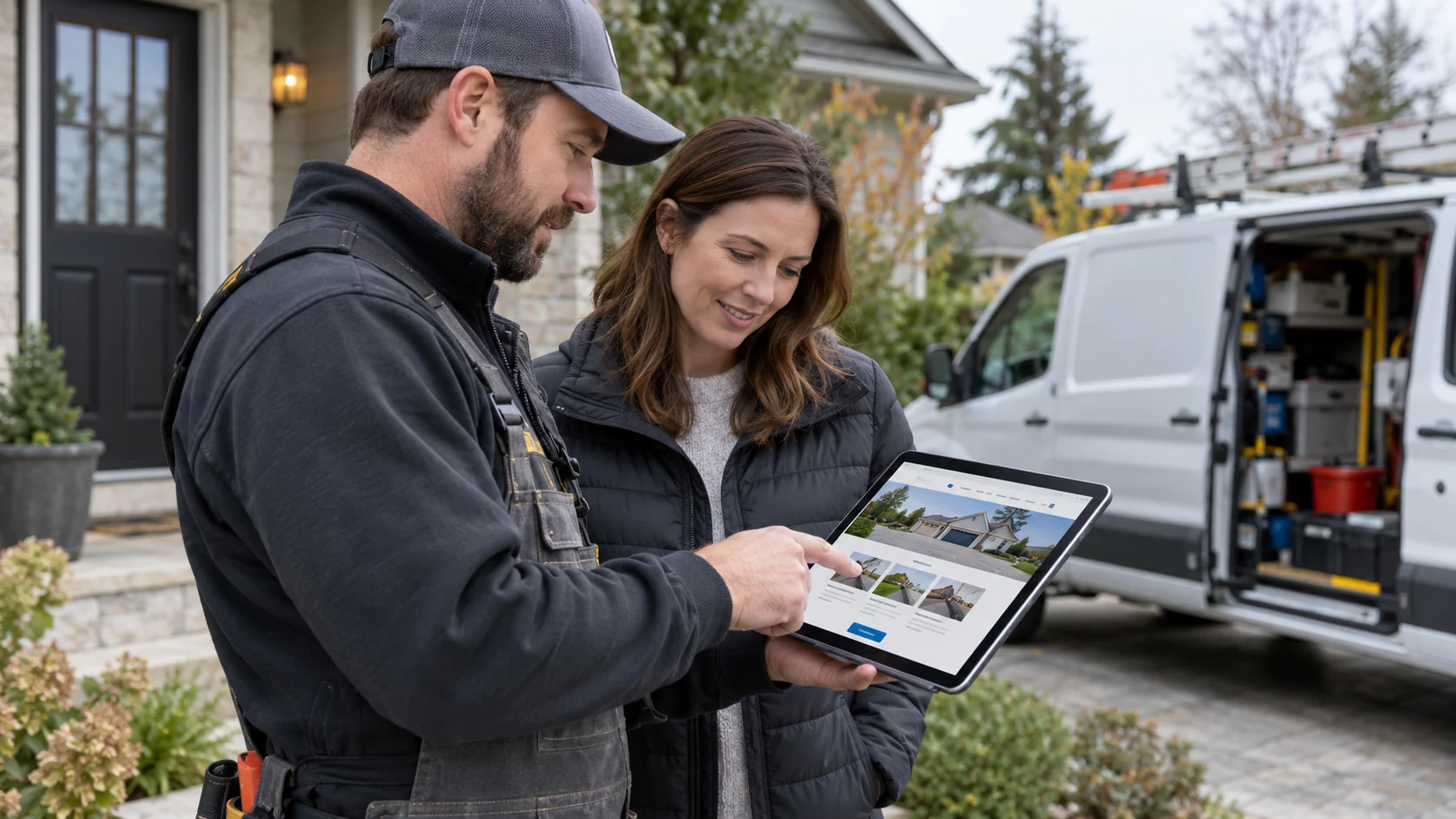 Home service owner showing a customer the service website on a tablet