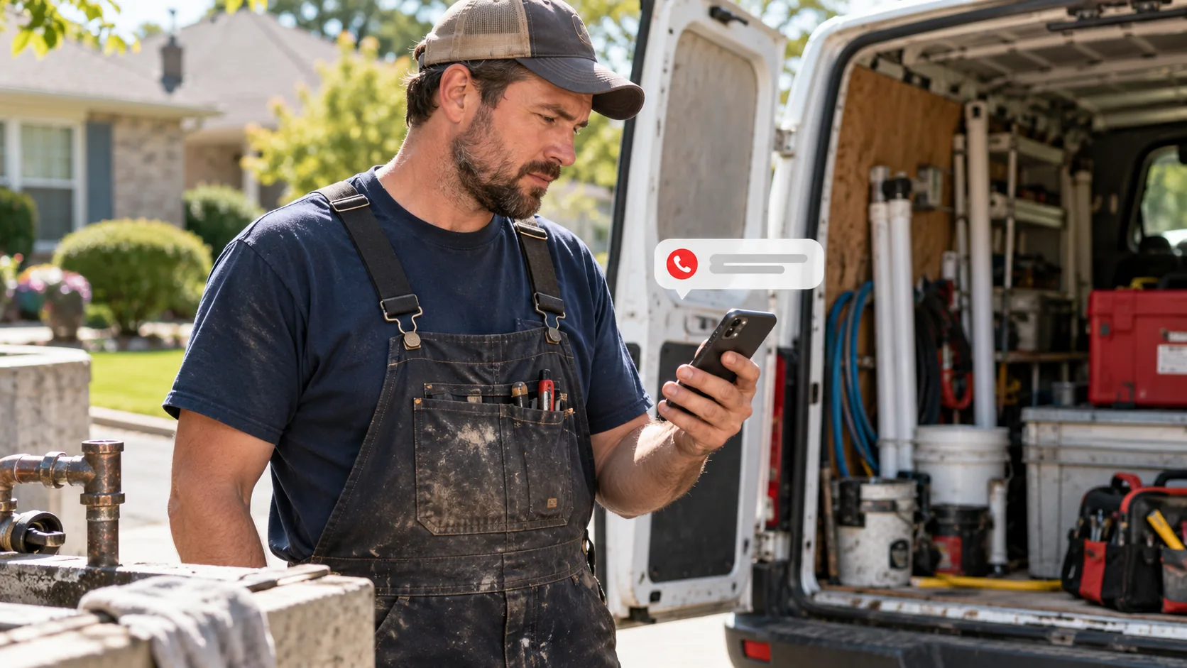 Plumber outside a service van checking a missed call and incoming text on a phone