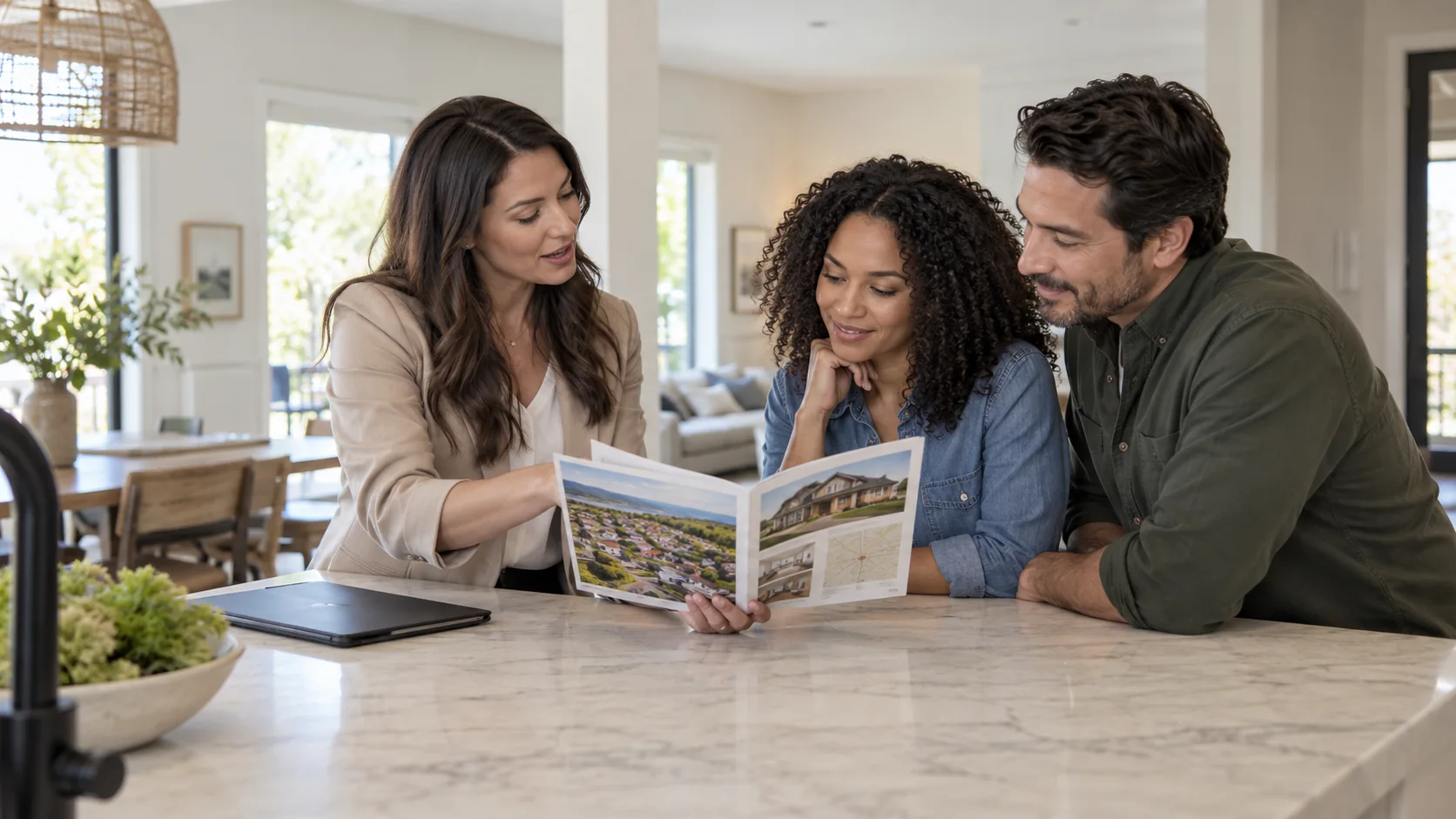 Real estate agent showing a local housing guide to potential homebuyers at a kitchen island