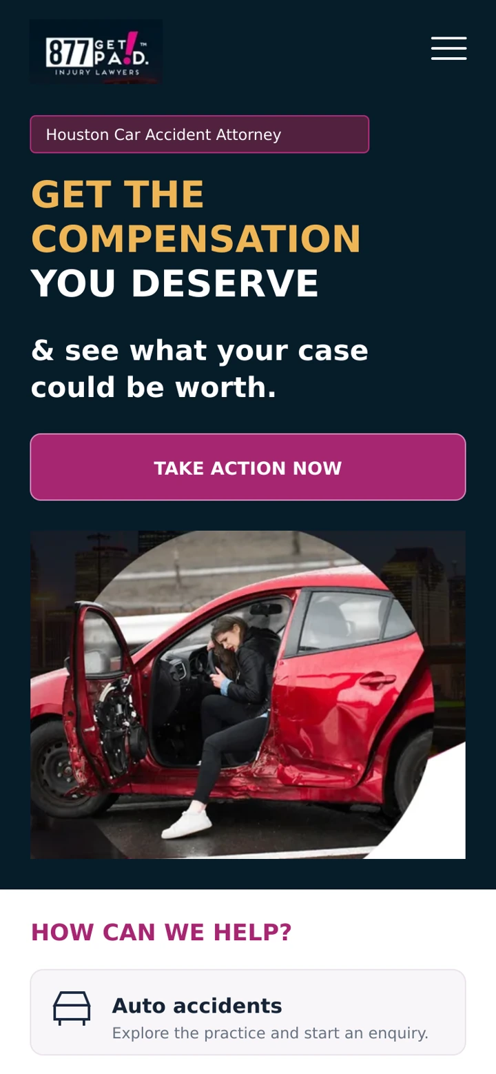 877 Get Paid Injury Lawyers single-column mobile layout visualisation based on the original project