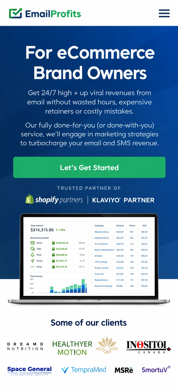 EmailProfits single-column mobile layout visualisation based on the original project