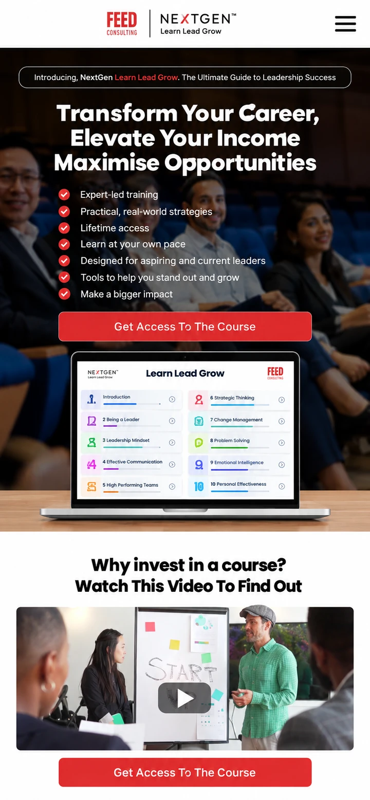 FEED Consulting / NEXTGEN: Learn Lead Grow single-column mobile layout visualisation based on the original project