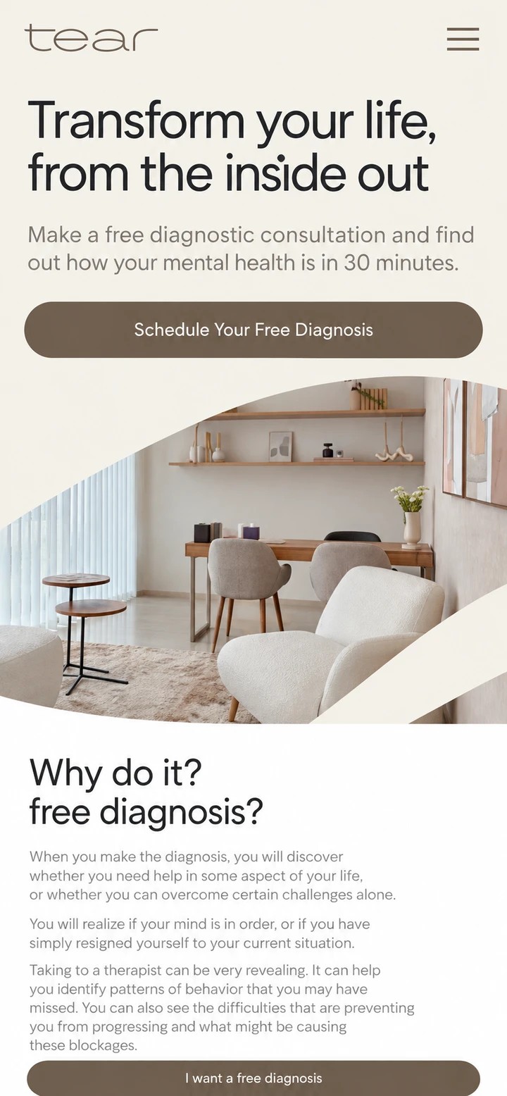 Clínica Tear single-column mobile layout visualisation based on the original project