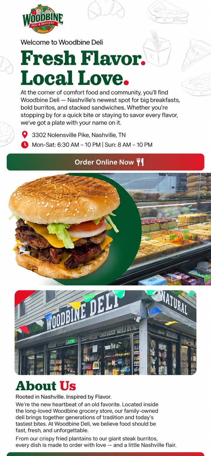 Woodbine Deli single-column mobile layout visualisation based on the original project