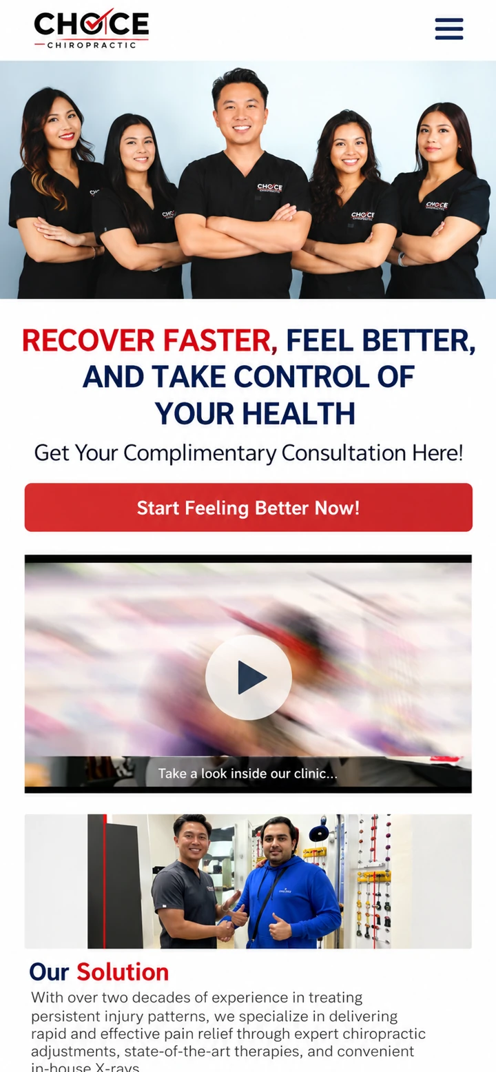 1st Choice Chiropractic single-column mobile layout visualisation based on the original project