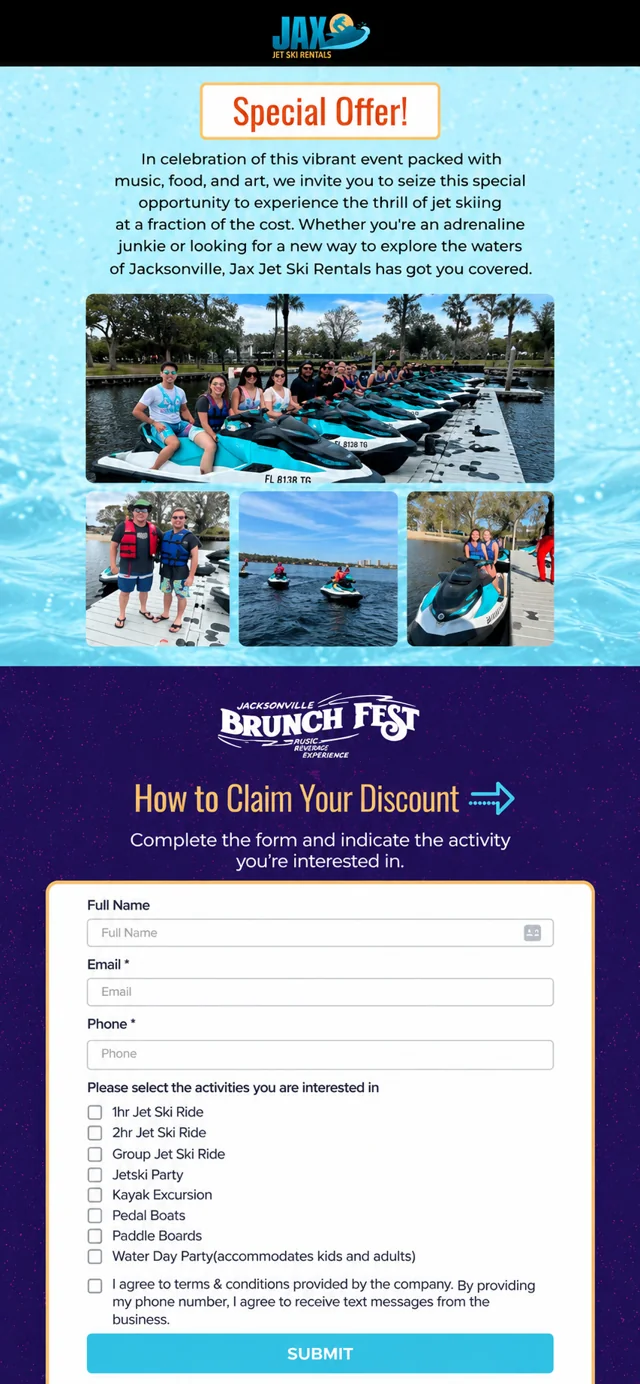 Jax Jet Ski Rentals single-column mobile layout visualisation based on the original project
