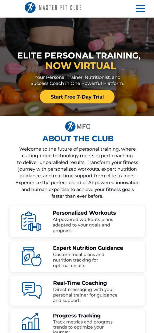 Master Fit Club single-column mobile layout visualisation based on the original project