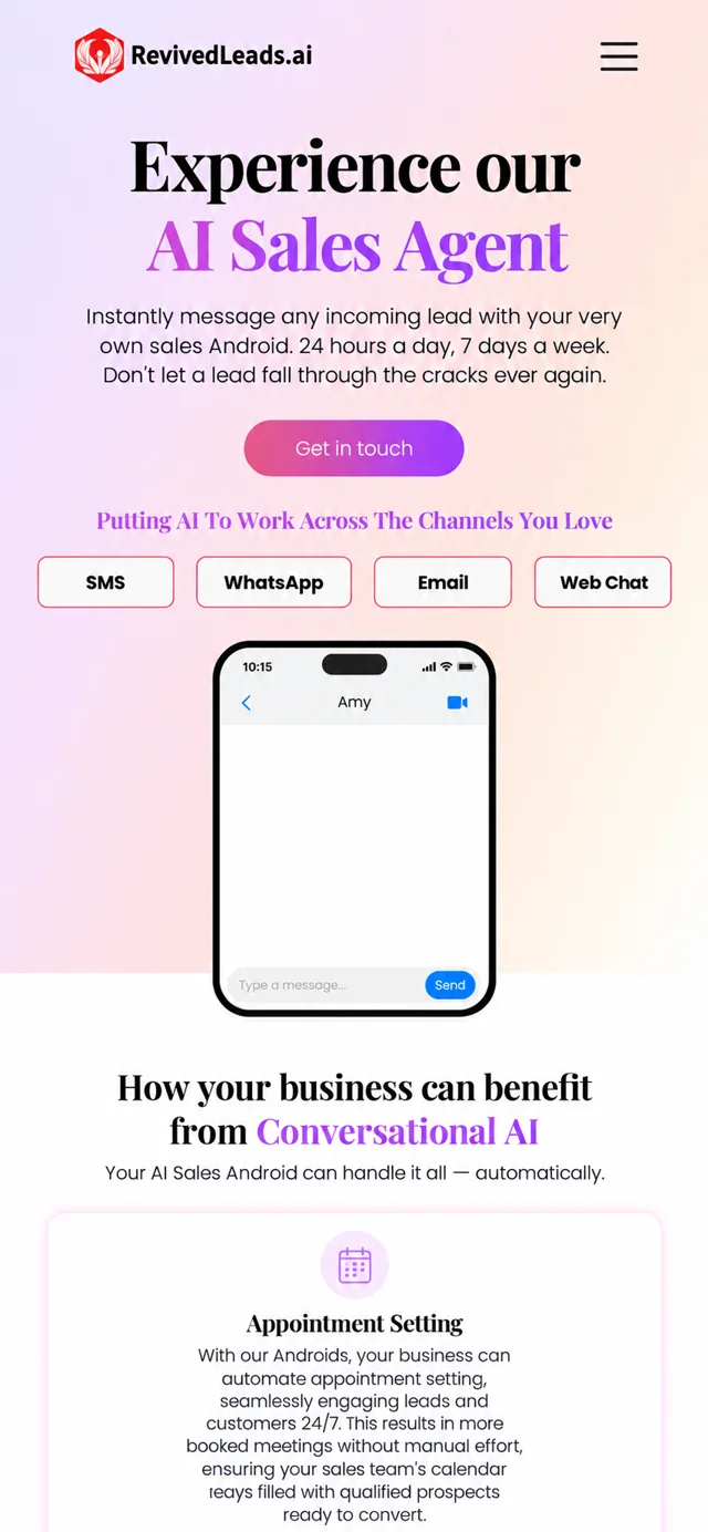 RevivedLeads.ai single-column mobile layout visualisation based on the original project