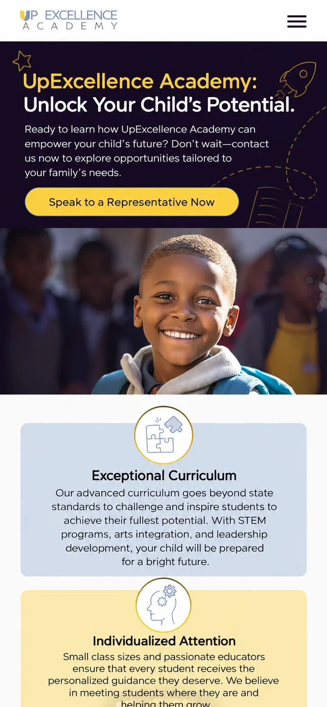 Up Excellence Academy single-column mobile layout visualisation based on the original project