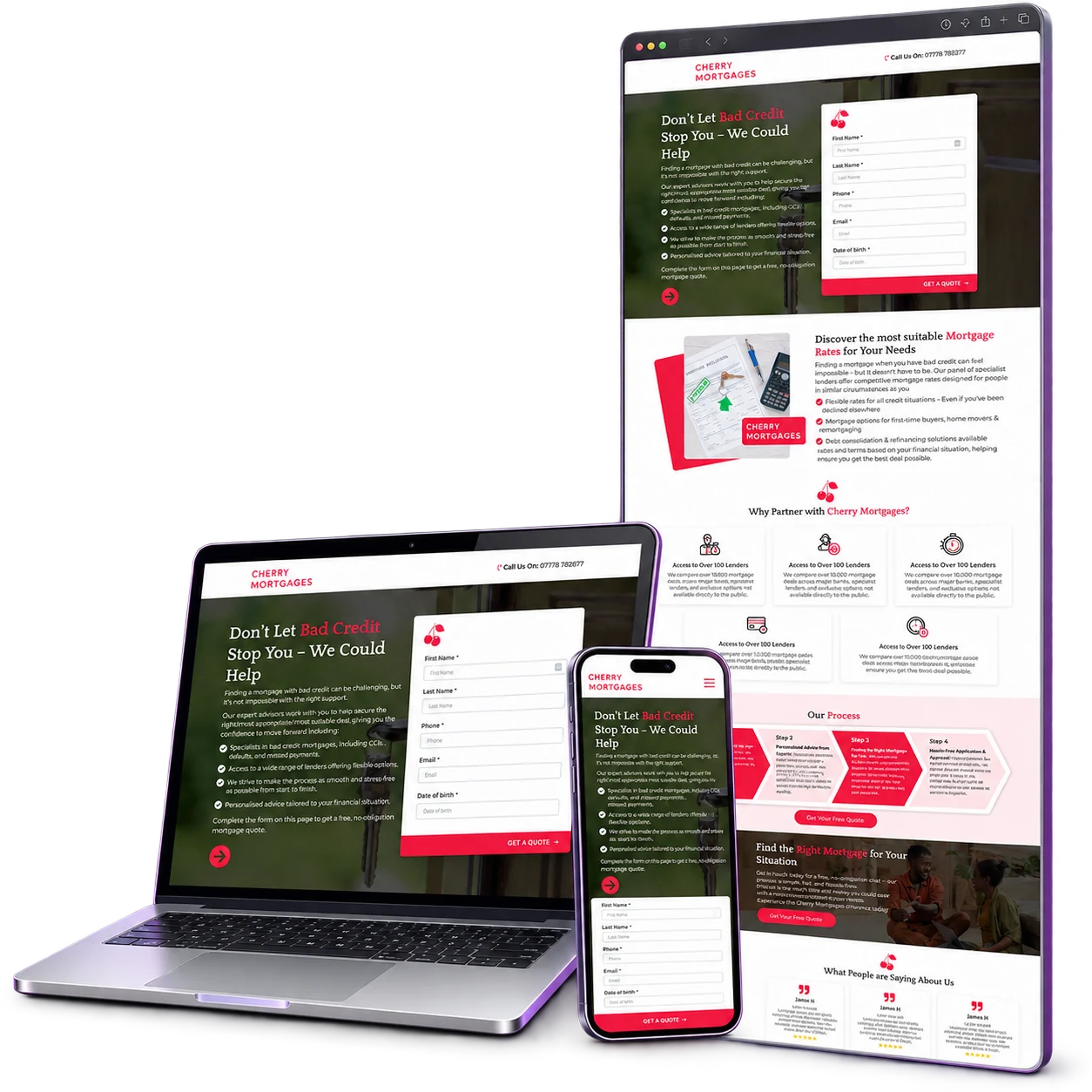 Cherry Mortgages Website portfolio shown in laptop, mobile and framed full-page mockups for Lincolnshire