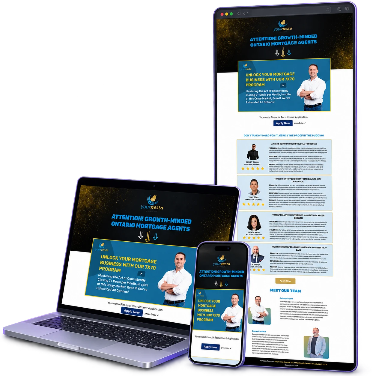 YourNesta VSL Funnel portfolio shown in laptop, mobile and framed full-page mockups for Ontario