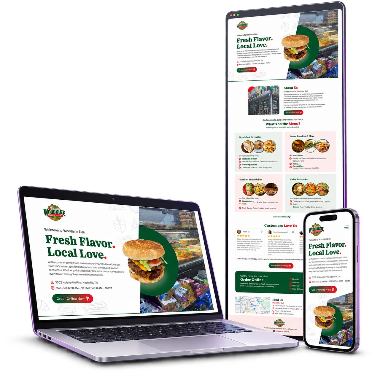 Woodbine Deli Food Website portfolio shown in laptop, mobile and framed full-page mockups for Tennessee