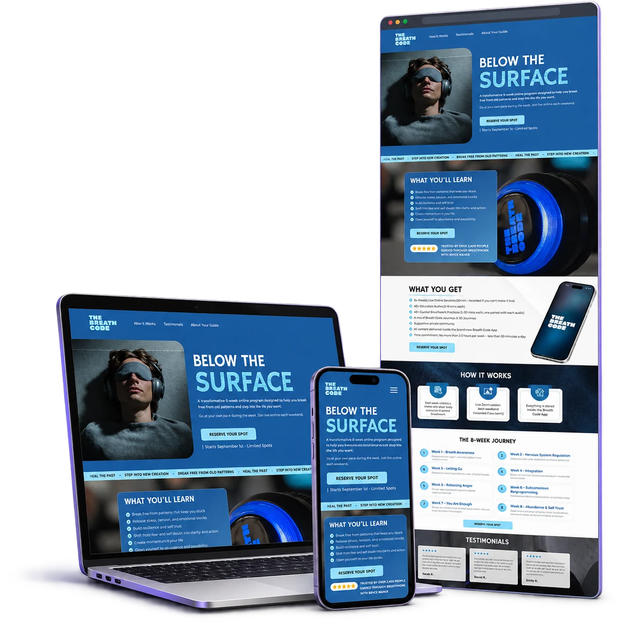 The Breath Code portfolio shown in laptop, mobile and framed full-page mockups for Victoria