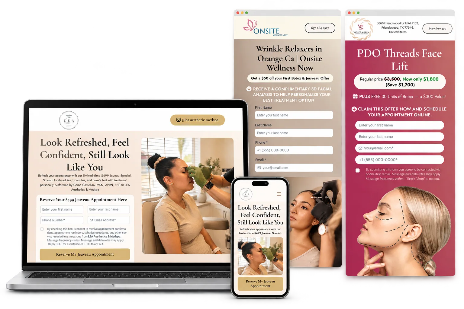 Portfolio mockup showing real LEA Aesthetics, OnSite Wellness and Violet and Grey med spa landing pages on laptop, mobile and full-page screens