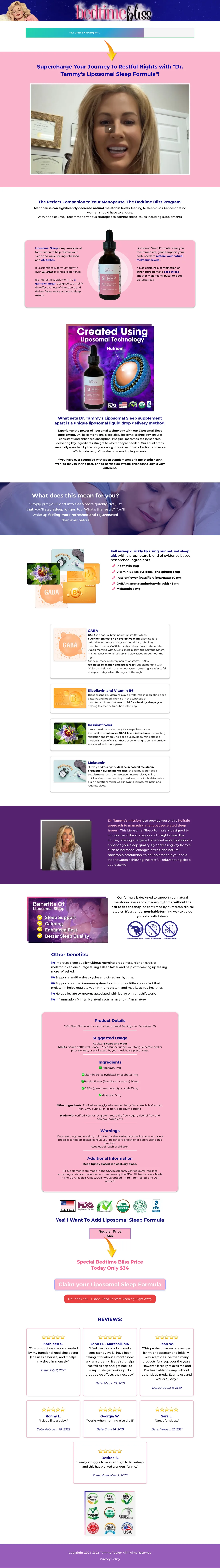 Bedtime Bliss Sales Funnel original post-purchase supplement add-on page screenshot