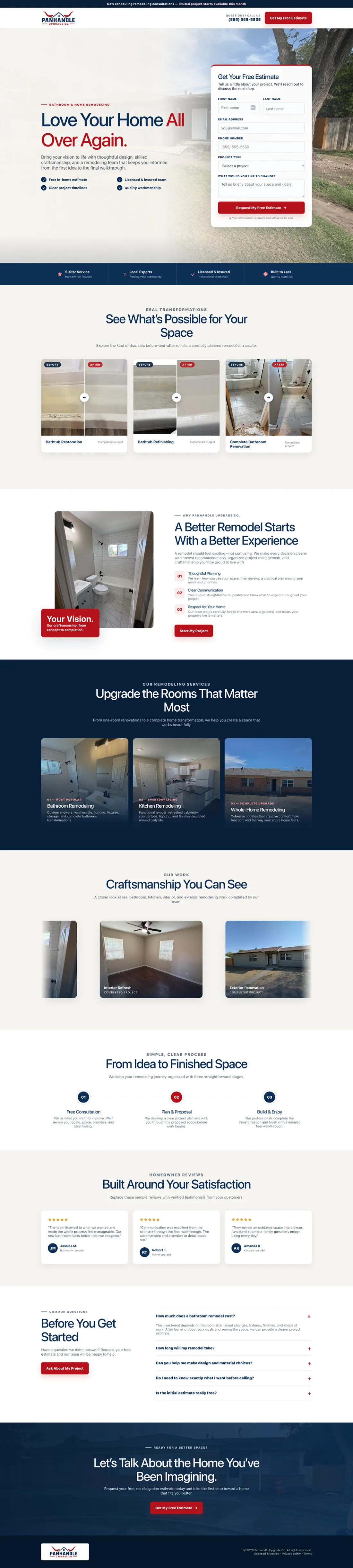 PanHandle Home Remodeling original desktop page in an upright laptop frame