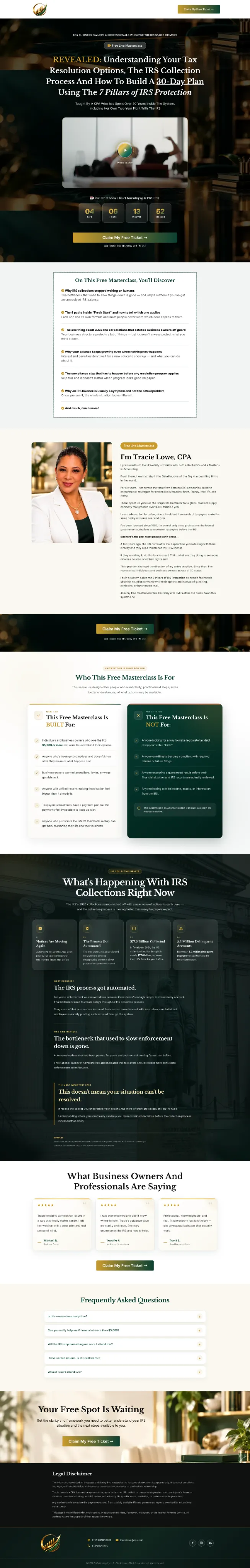 Original Tracie Lowe, CPA Webinar Funnel full-page screenshot