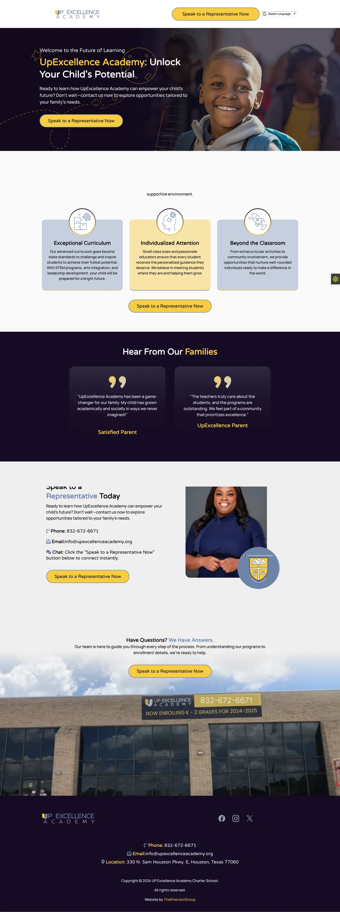 Up Excellence Academy original portfolio website in an upright device frame for Texas project examples