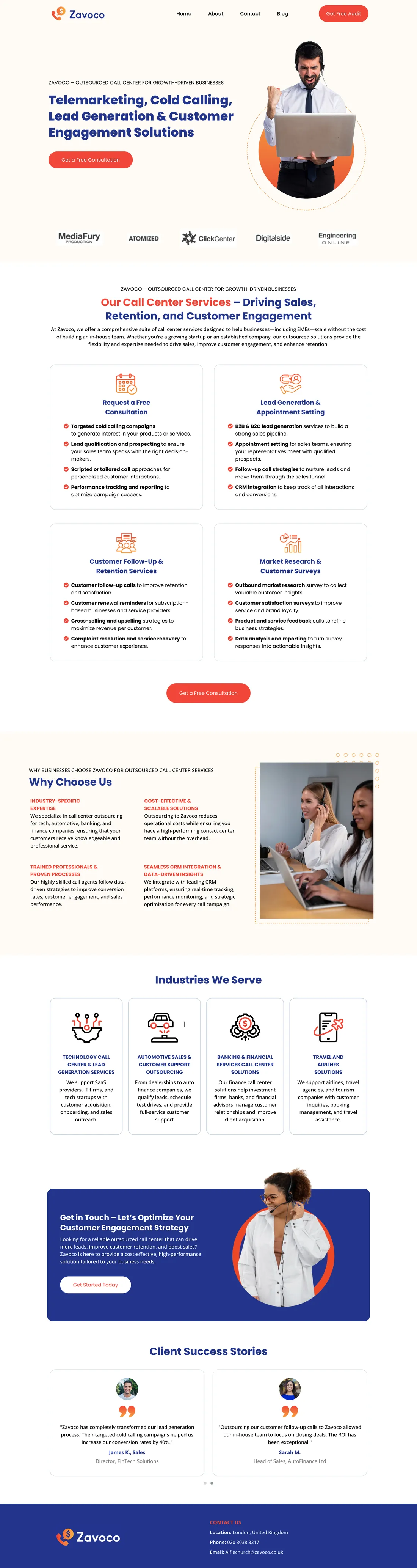 Zavoco TeleMarketing Website original portfolio website in an upright device frame for the UK project examples
