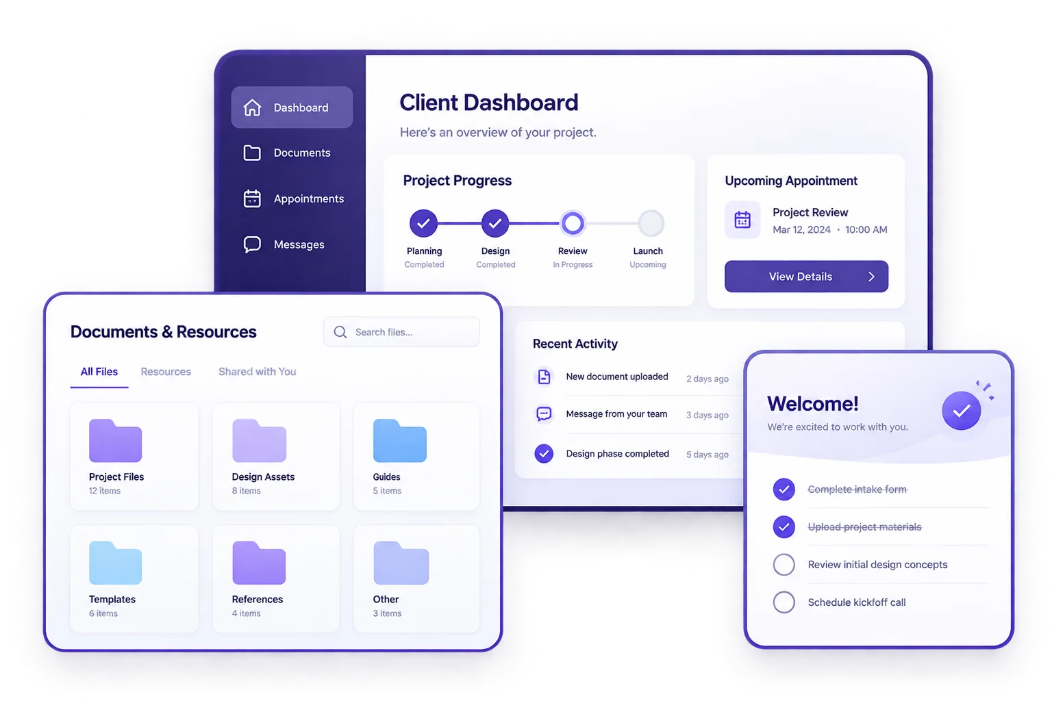 Illustrative client portal dashboard showing a welcome path, resource library and account navigation