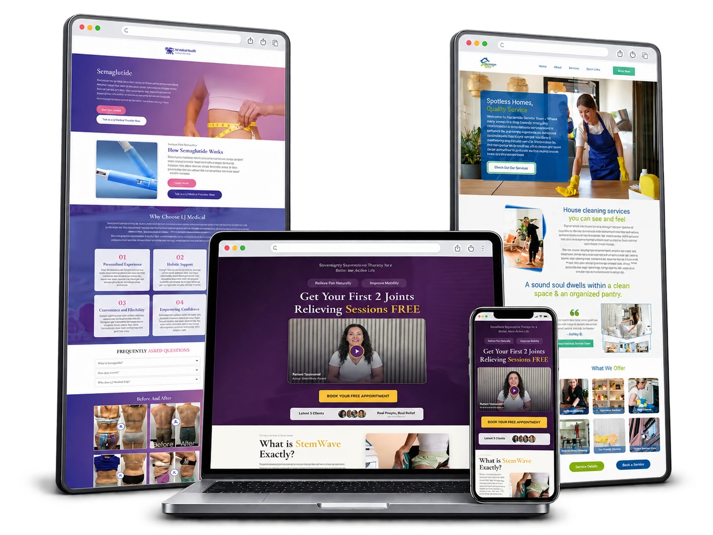 Premium device mockup bundle of Sovereignty's StemWave Appointment Funnel, LJ Medical Health - Semaglutide, Hacienda Cleaning Service