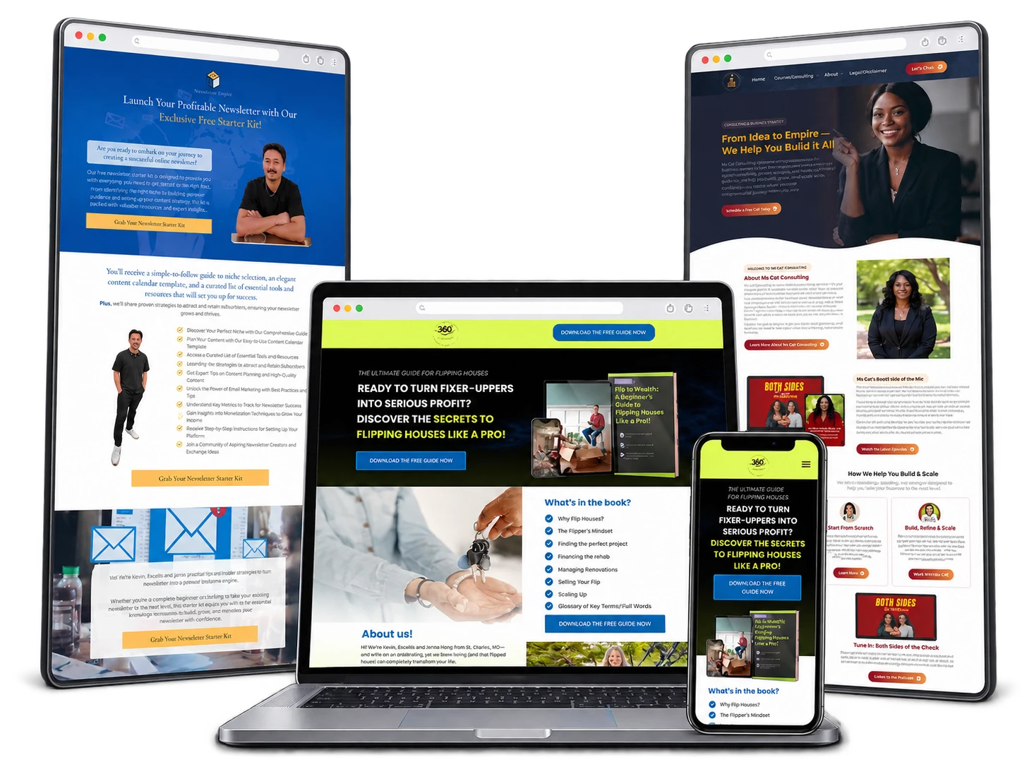 Premium device mockup bundle of 360 Real Estate Website, Newsletter Empire Blue Print Funnel, Ms Cat Consulting Website and funnel