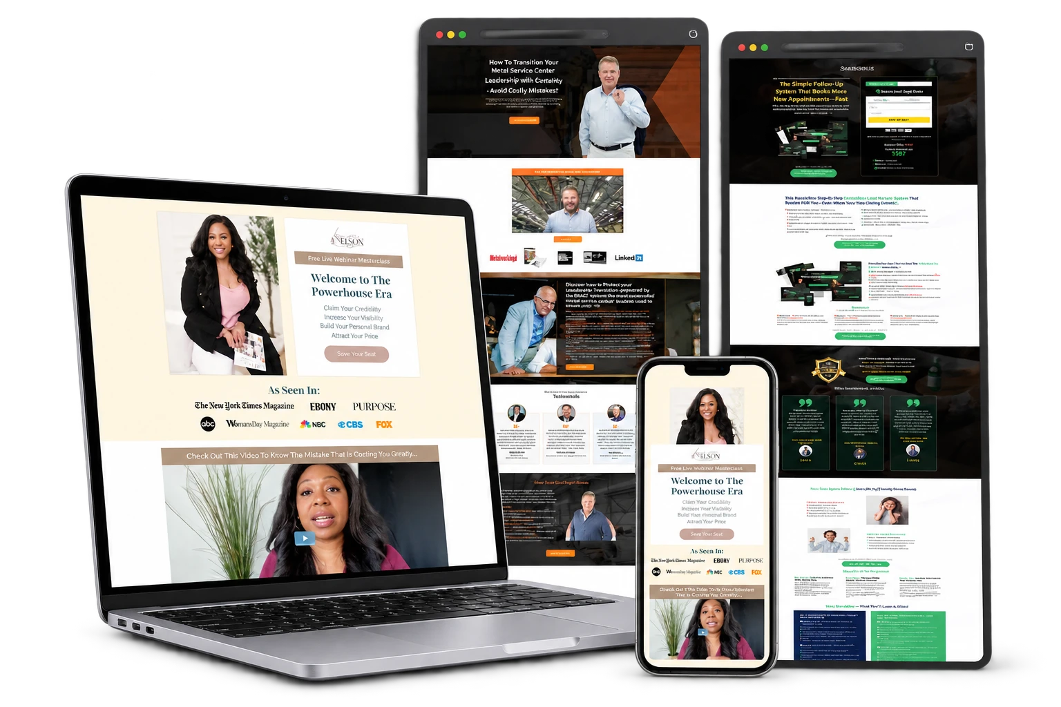 Premium device mockup bundle of Lauren Nelson Webinar Funnel, Scott Begin Webinar Funnel, SalesGenius Event Funnel