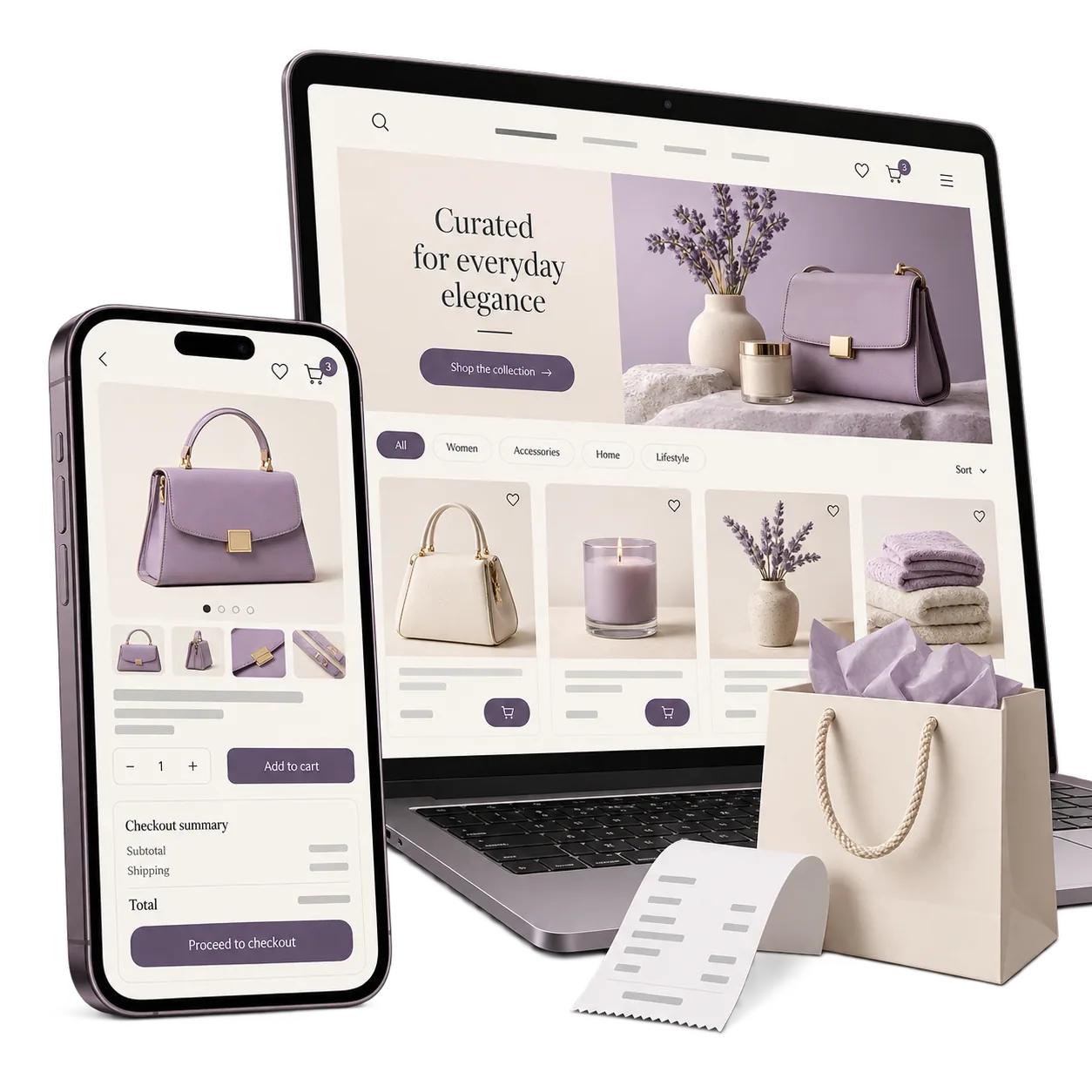 Illustrative multi-product ecommerce storefront and mobile checkout concept