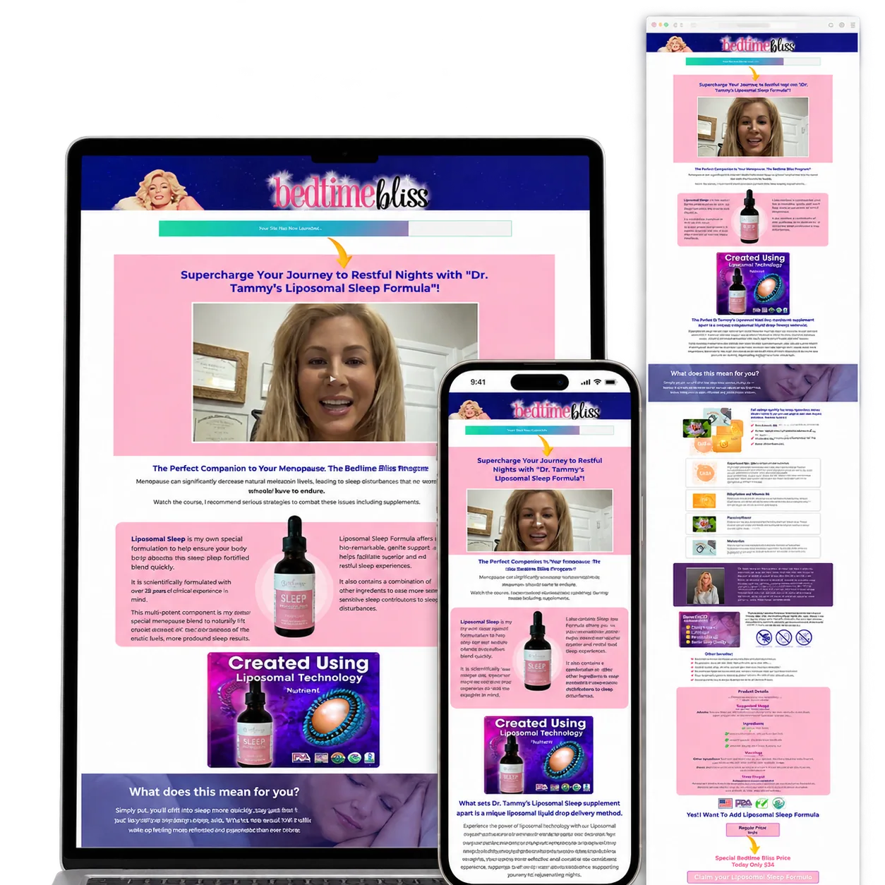 Bedtime Bliss Sales Funnel portfolio mockup with desktop laptop, responsive mobile and full-page preview