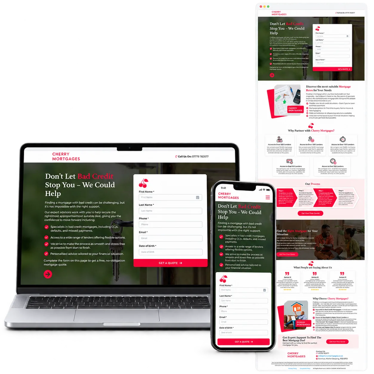 Cherry Mortgages Website portfolio mockup with desktop laptop, responsive mobile and full-page preview