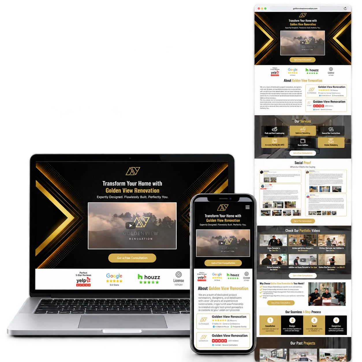 Golden View Home Renovation Website portfolio mockup with desktop laptop, responsive mobile and full-page preview