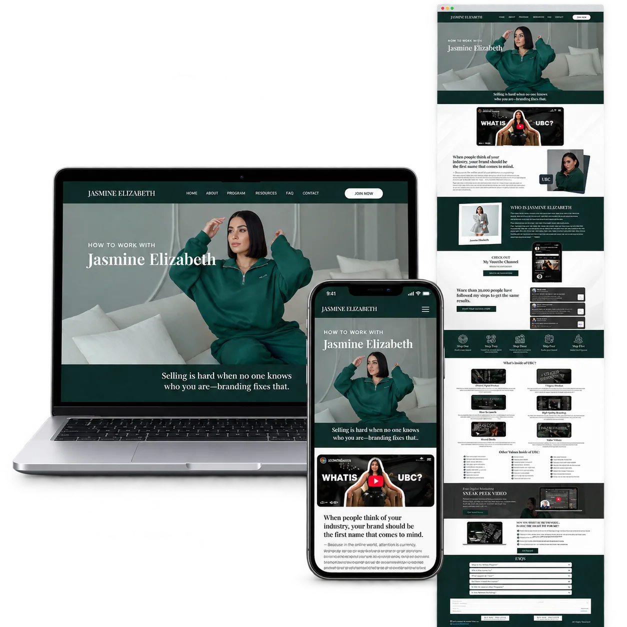 Jasmine Consulting Website portfolio mockup with desktop laptop, responsive mobile and full-page preview