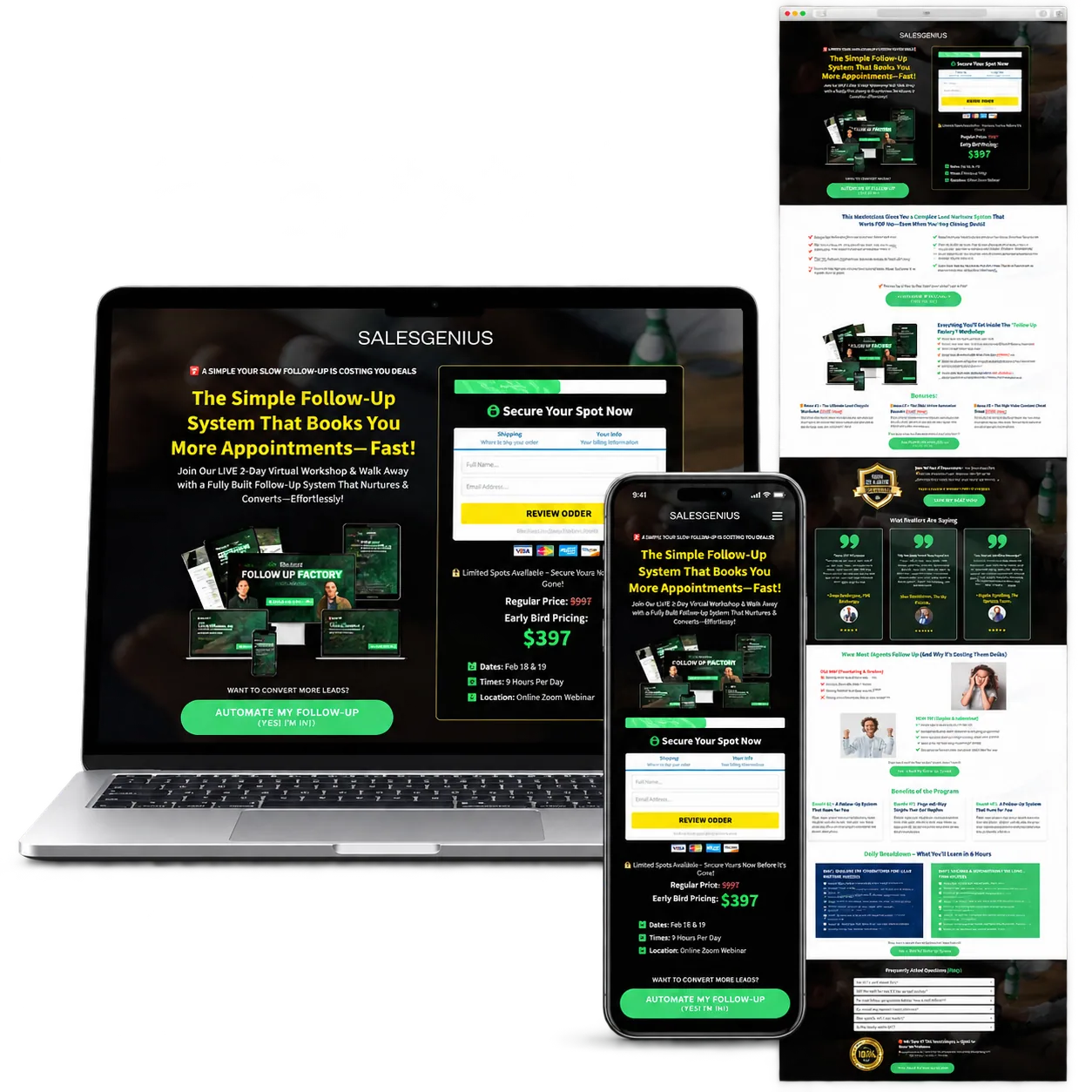 SalesGenius Event Funnel portfolio mockup with desktop laptop, responsive mobile and full-page preview