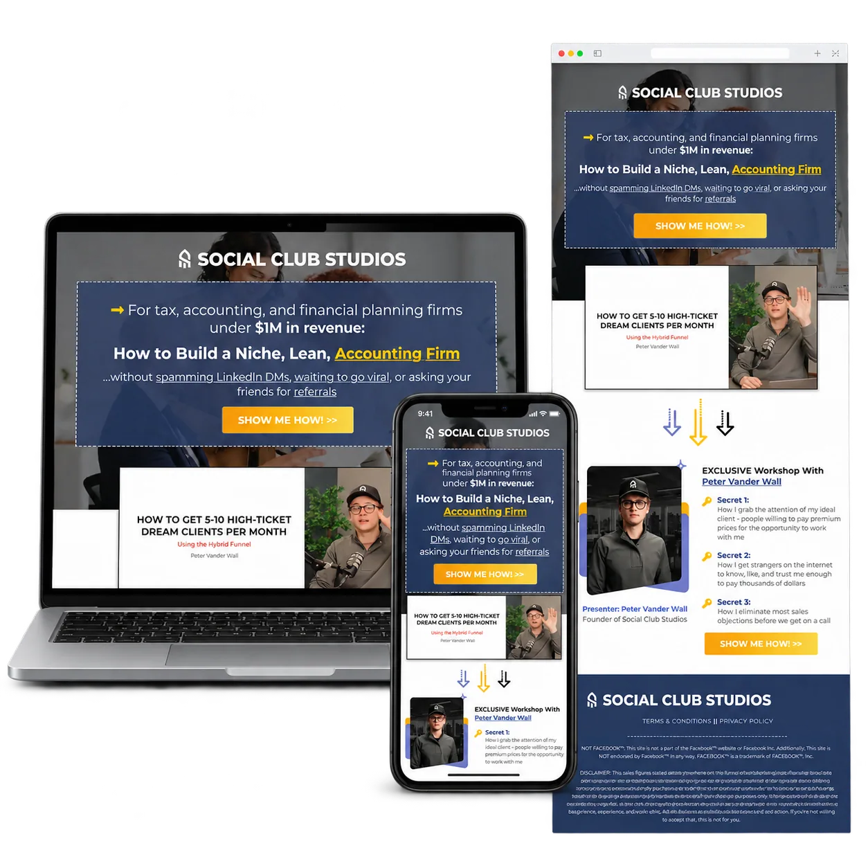 Social Club Studio portfolio mockup with desktop laptop, responsive mobile and full-page preview