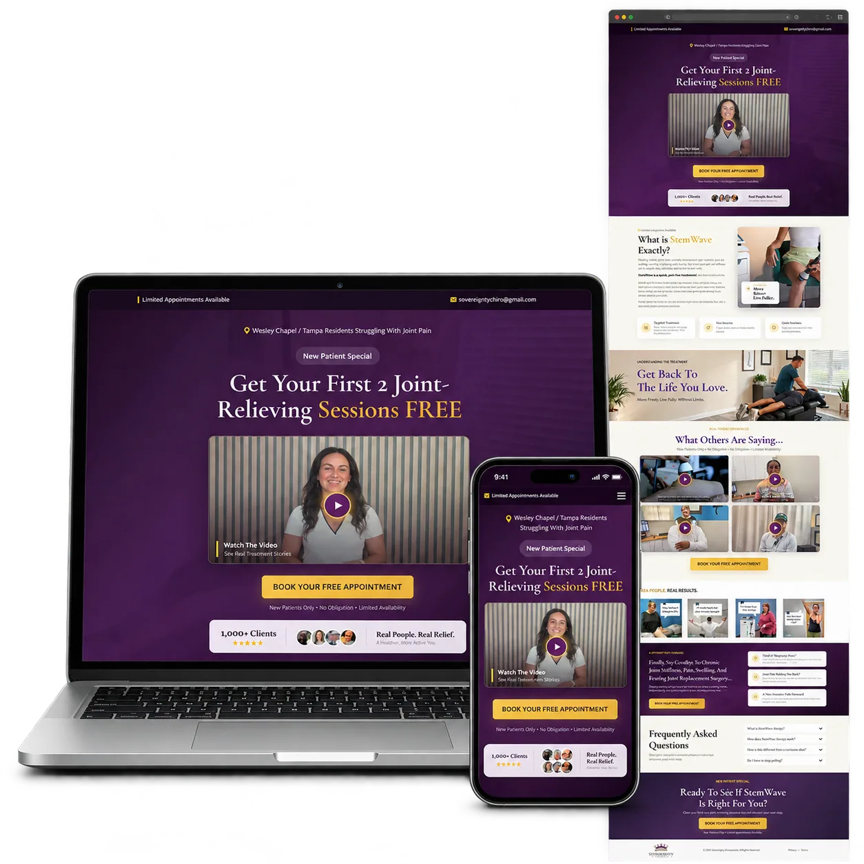 Sovereignty's StemWave Appointment Funnel portfolio mockup with desktop laptop, responsive mobile and full-page preview