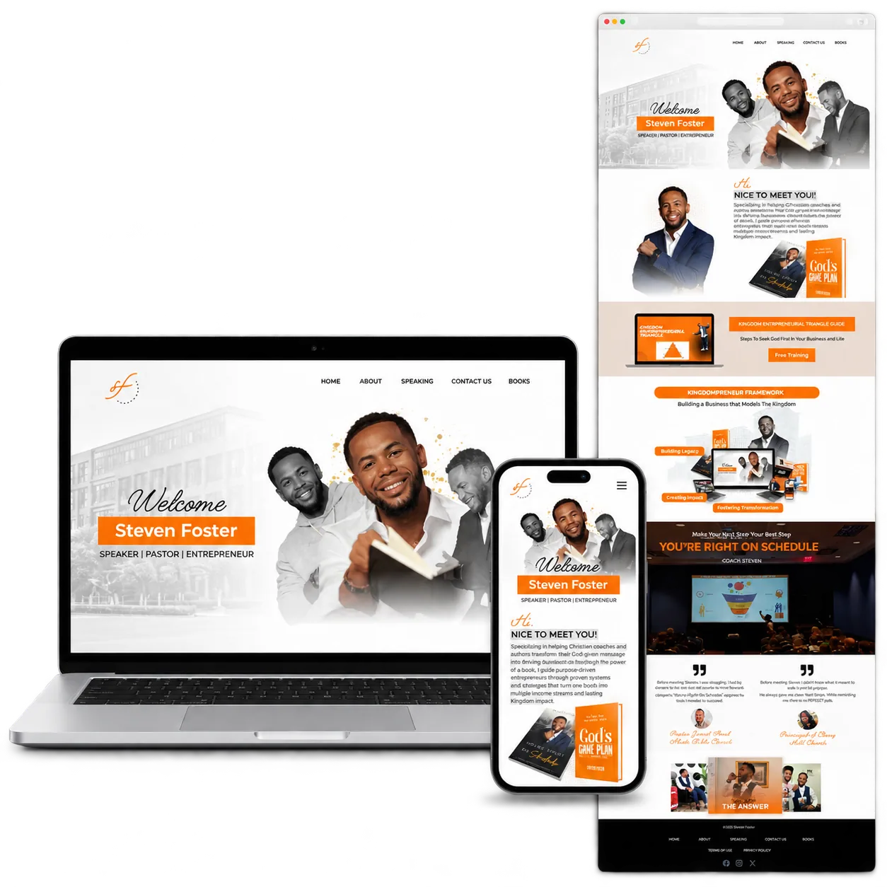 Steven Foster Website portfolio mockup with desktop laptop, responsive mobile and full-page preview