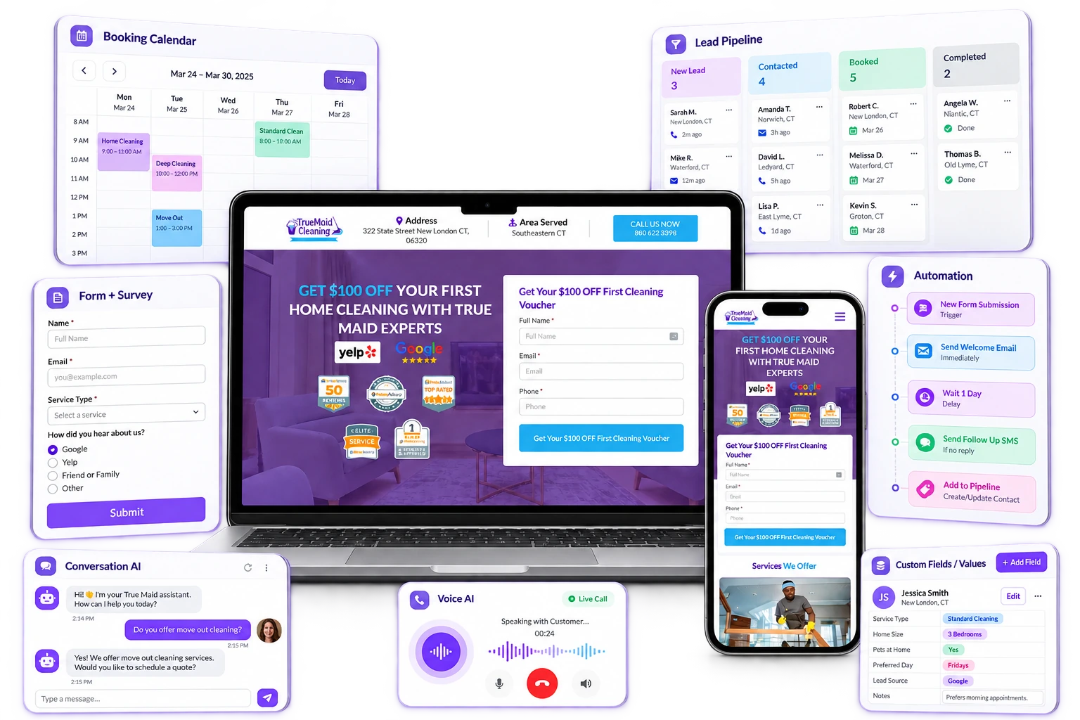 Illustrative GoHighLevel snapshot value stack showing a real True Maid Cleaning page design with form, booking calendar, lead pipeline, automation, conversation AI, voice AI and custom fields