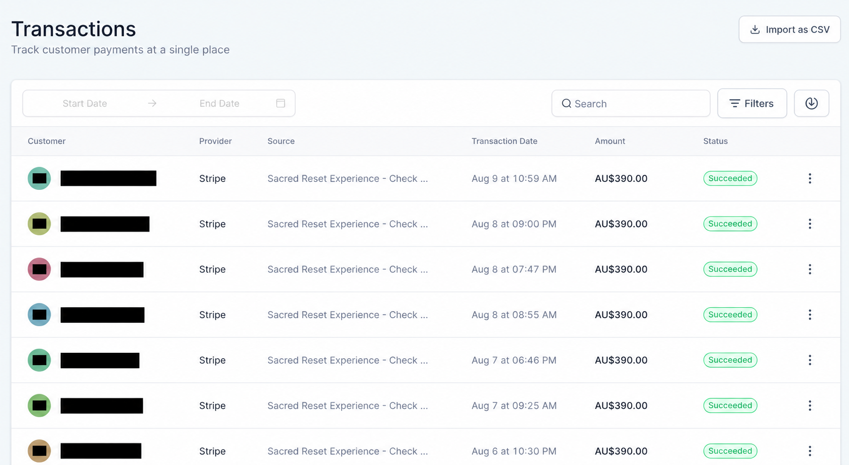 Redacted Sacred Reset payment dashboard showing successful AU$390 transactions
