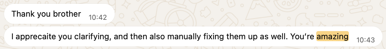 Clayton thanked Steve for clarifying and fixing the forms — original WhatsApp screenshot in English
