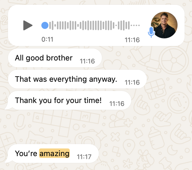 Clayton thanked Steve for his time — original WhatsApp screenshot in English