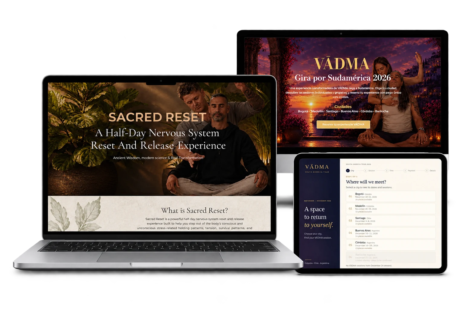Device mockup presenting Steve Ojo’s Sacred Reset landing page, Nala’s VĀDMA tour page and tour checkout