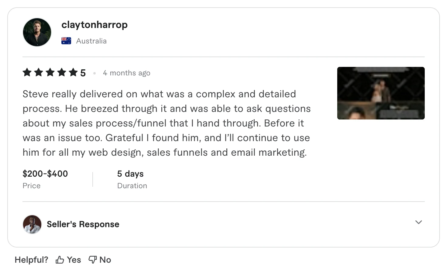 Clayton Harrop five-star Fiverr review in its original English
